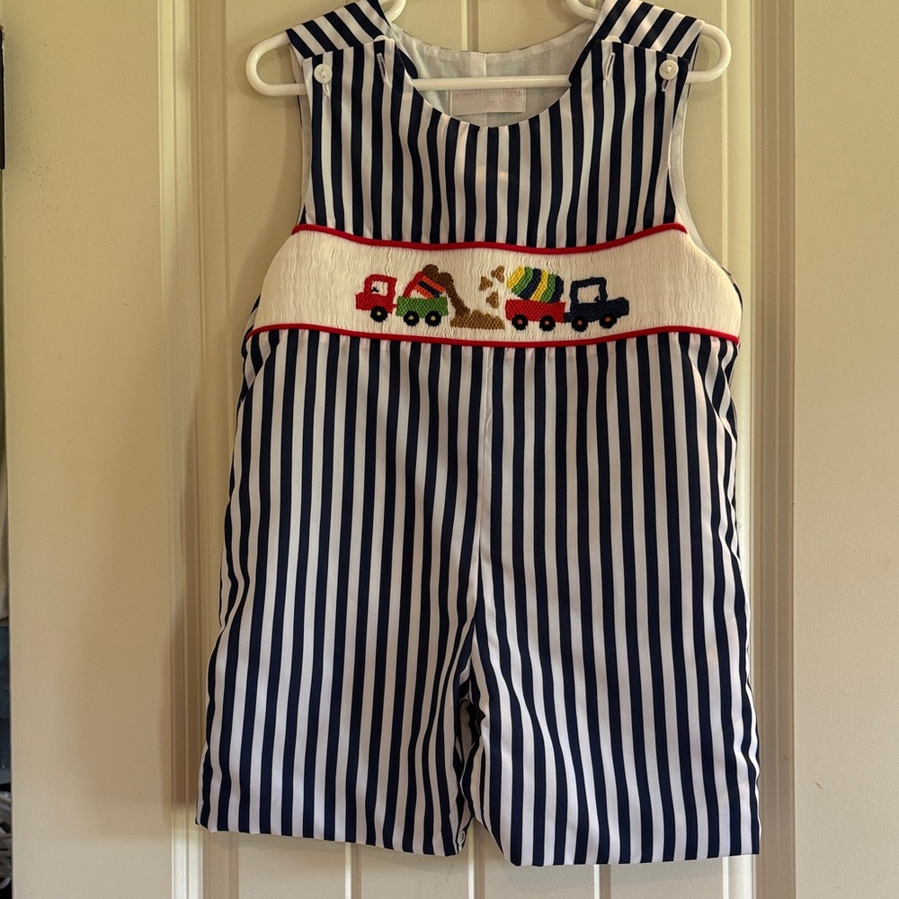 Navy Stripe Smocked Overalls with Truck Motif